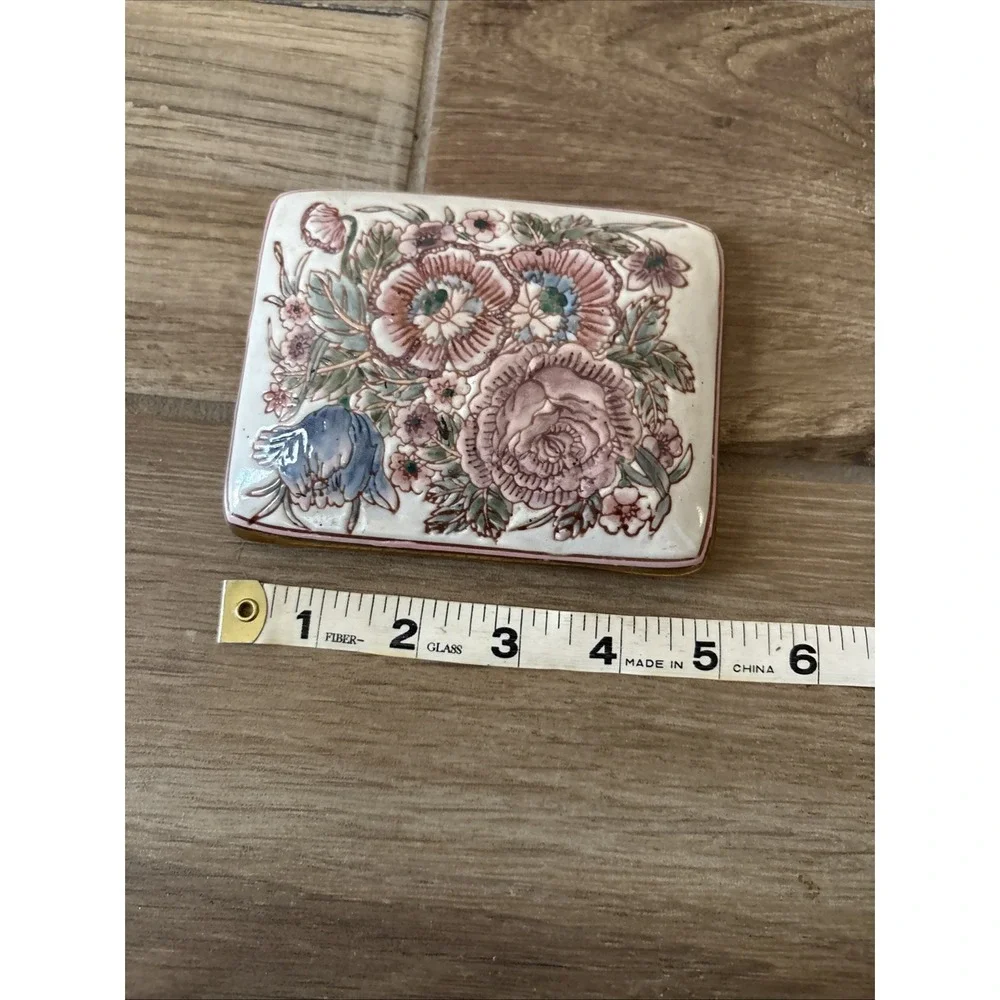Pink Purple Peach Floral Embossed Ceramic Trinket Dish Jewelry Box Asian 5